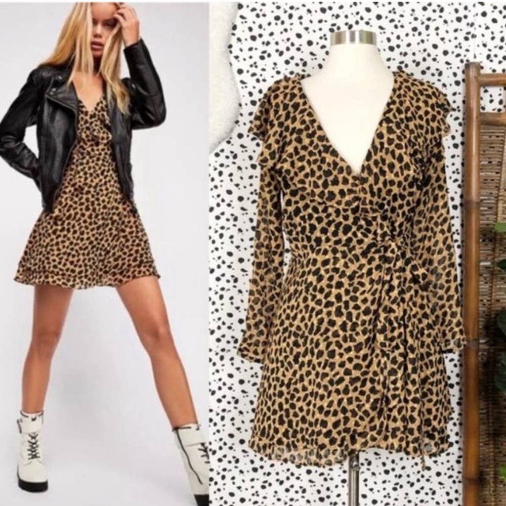 Free People | Frenchie Leopard Print Swiss Dot Ruffle Wrap Mini Dress L